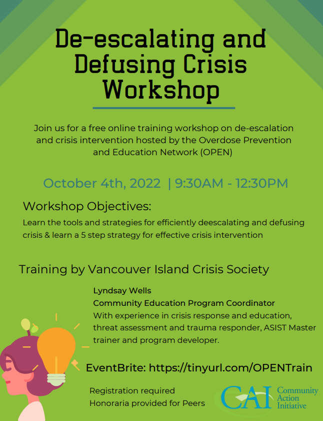De-escalating and defusing crisis workshop. October 4, 9:30 AM Pacific time. Register: https://tinyurl.com/OPENTrain