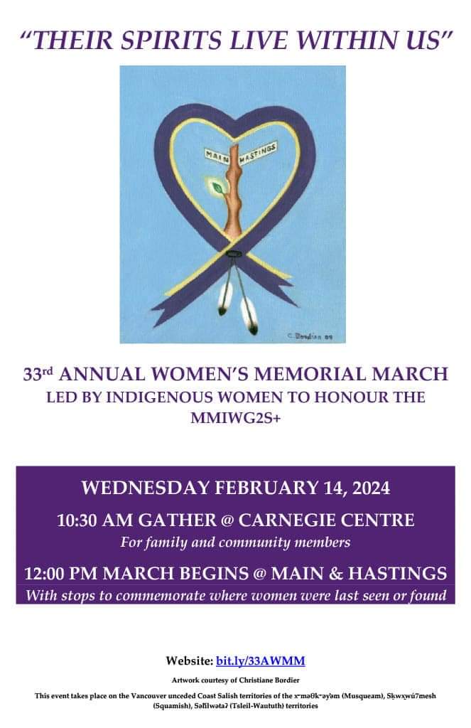 Image of heart with a tree as streetsign in the middle, marking the corner of Main and Hastings. Text underneath tree reads: 33rd Annual Women's Memorial March to honour the MMIWG2S+ Wednesday February 14, 2024. 10:30 AM Gathering at Carnegie Centre for family & community members. 12 PM March with the public begins at Main and Hastings with stops to commemorate where women were last seen or found. 
