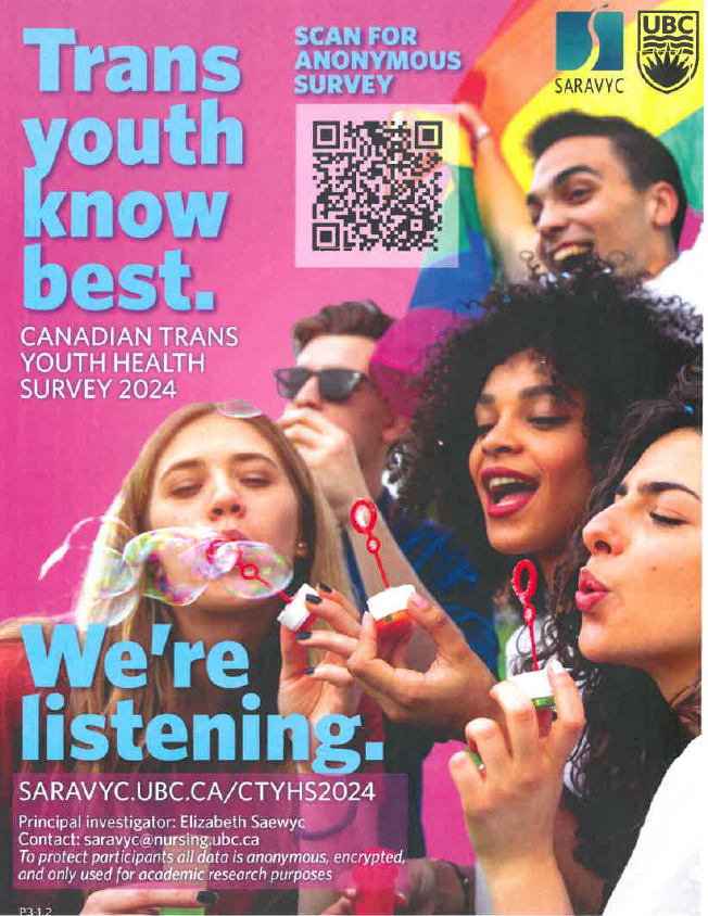 Image description: Five youth of multiple racial representation are blowing bubble against a pink background. Text reads Trans youth know best. Canadian Trans Youth Health Survey 2024. We're listening. Link to anonymous survey: https://ubc.ca1.qualtrics.com/jfe/form/SV_6FkcxTCyxI5N4zQ?Q_CHL=qr